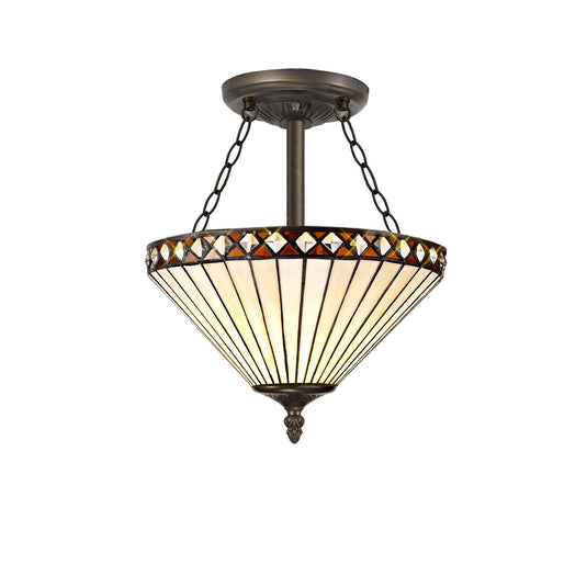 C-Lighting Westbrook 3 Light Semi Ceiling E27 With 30cm Tiffany Shade, Amber/Cmurston/Crystal/Aged Antique Brass - 29625