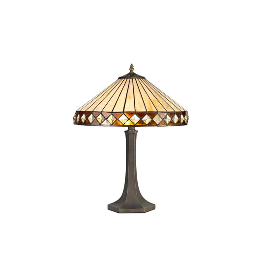 C-Lighting Westbrook 2 Light Octagonal Table Lamp E27 With 40cm Tiffany Shade, Amber/Cmurston/Crystal/Aged Antique Brass - 29630