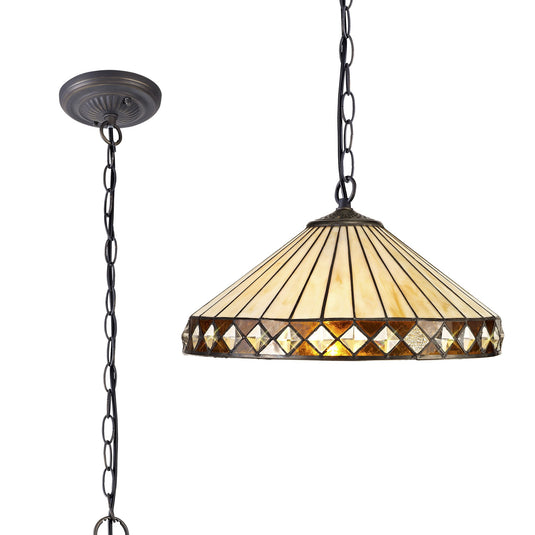 C-Lighting Westbrook 1 Light Downlighter Pendant E27 With 40cm Tiffany Shade, Amber/Cmurston/Crystal/Aged Antique Brass - 29631