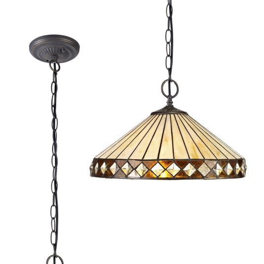 C-Lighting Westbrook 2 Light Downlighter Pendant E27 With 40cm Tiffany Shade, Amber/Cmurston/Crystal/Aged Antique Brass - 29632