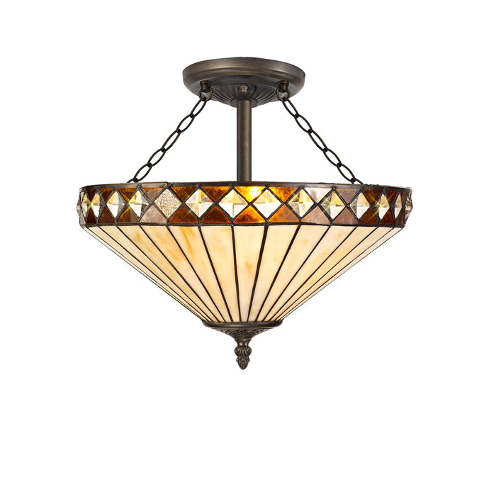 C-Lighting Westbrook 3 Light Semi Ceiling E27 With 40cm Tiffany Shade, Amber/Cmurston/Crystal/Aged Antique Brass - 29634