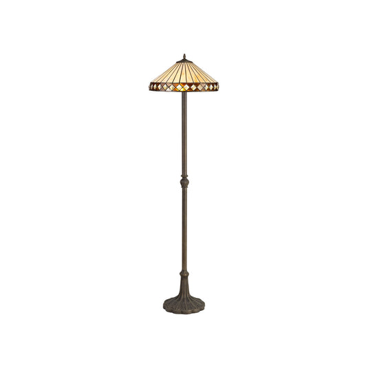 C-Lighting Westbrook 2 Light Leaf Design Floor Lamp E27 With 40cm Tiffany Shade, Amber/Cmurston/Crystal/Aged Antique Brass - 29637