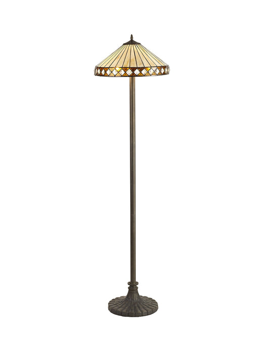 C-Lighting Westbrook 2 Light Stepped Design Floor Lamp E27 With 40cm Tiffany Shade, Amber/Cmurston/Crystal/Aged Antique Brass - 29638