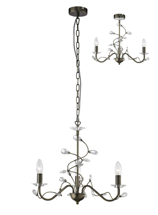 Diyas IL31223 Willow Pendant 3 WITHOUT SHADE Light Antique Brass/Crystal - 38312